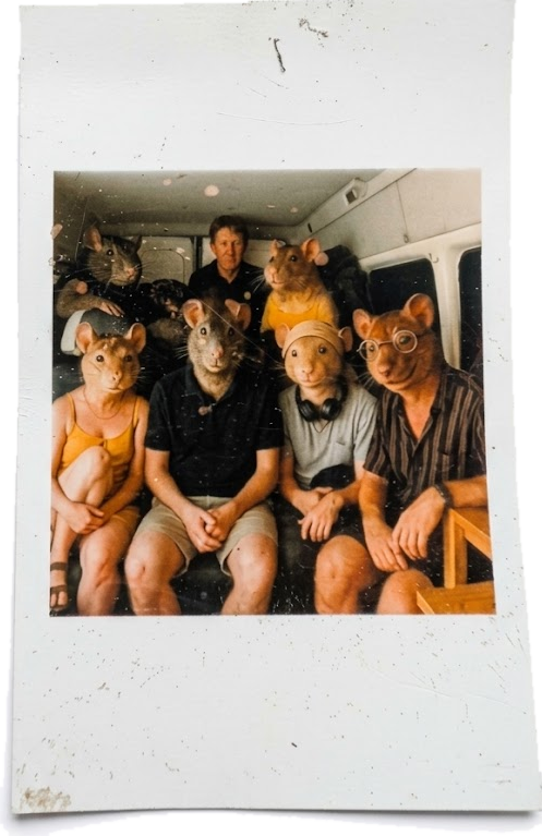 polaroid of friends in rat masks in the back of a van