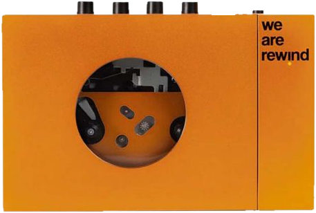 an orange We Are Rewind cassette player
